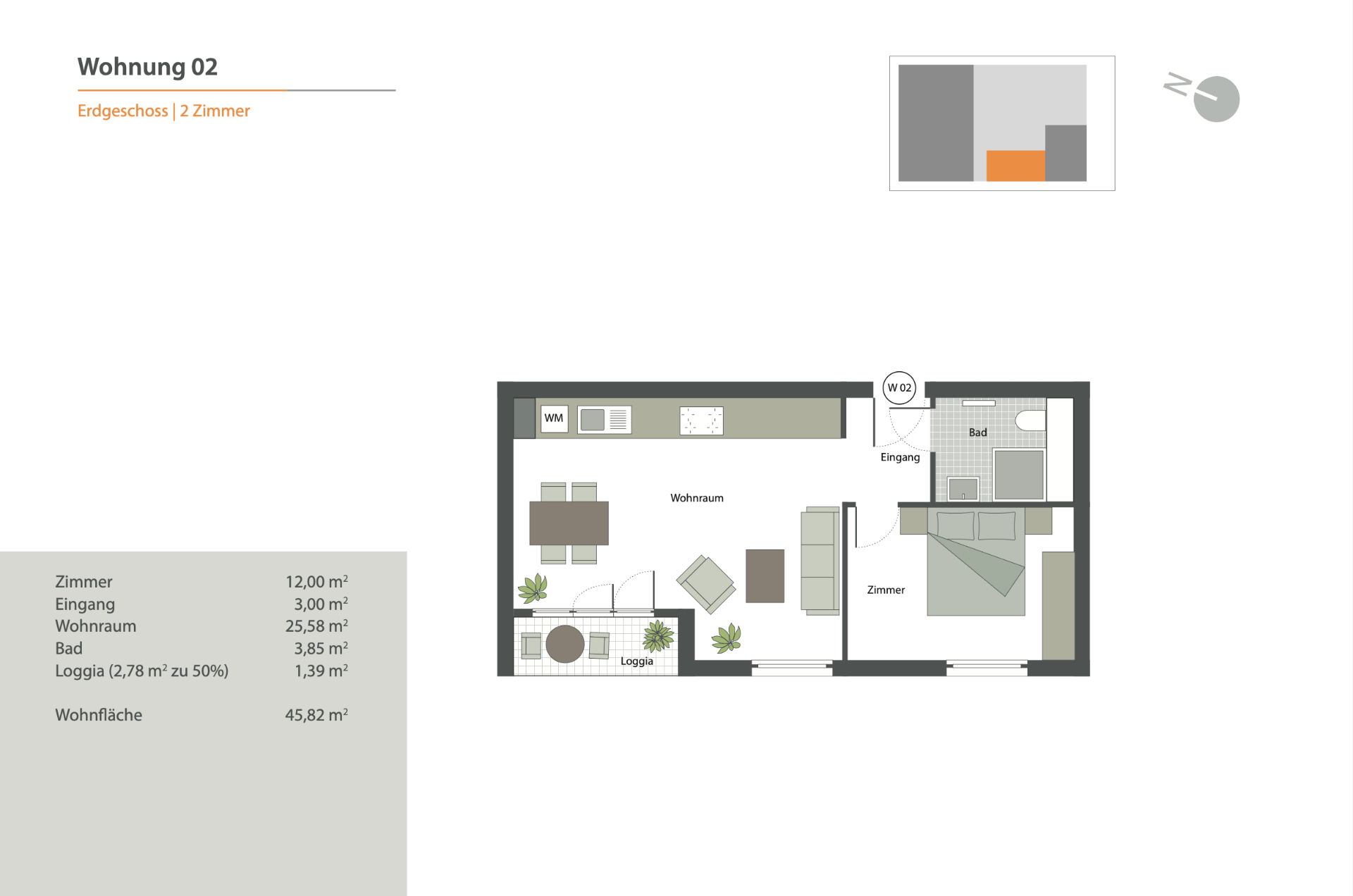 Wohnung 02 · Erdgeschoss · 45,82 m²