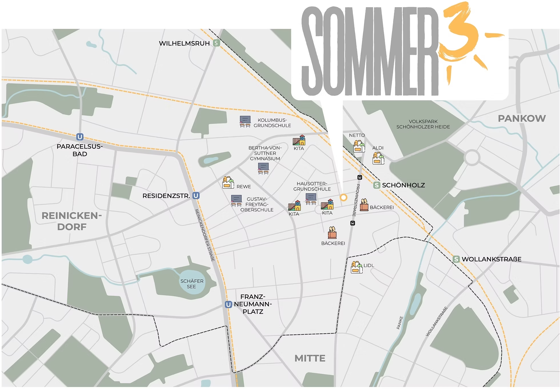 Lageplan Sommerstraße 3 – Umgebung mit Schulen, Verkehr und Einkaufsmöglichkeiten